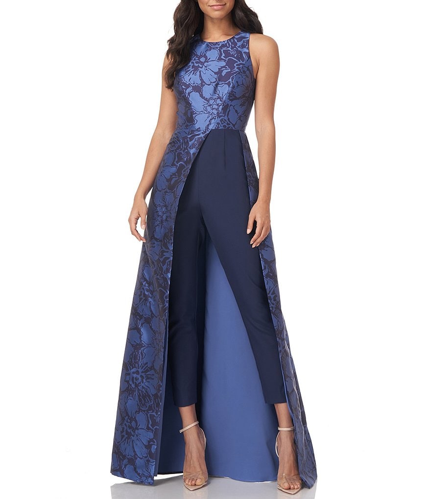 Kay Unger Dakota Floral Jacquard Walk-Thru Jumpsuit Dress