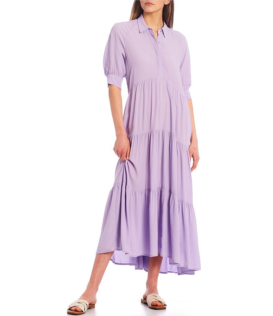 A Loves A Loose Fit Elbow Sleeve Tiered Midi Swing Dress