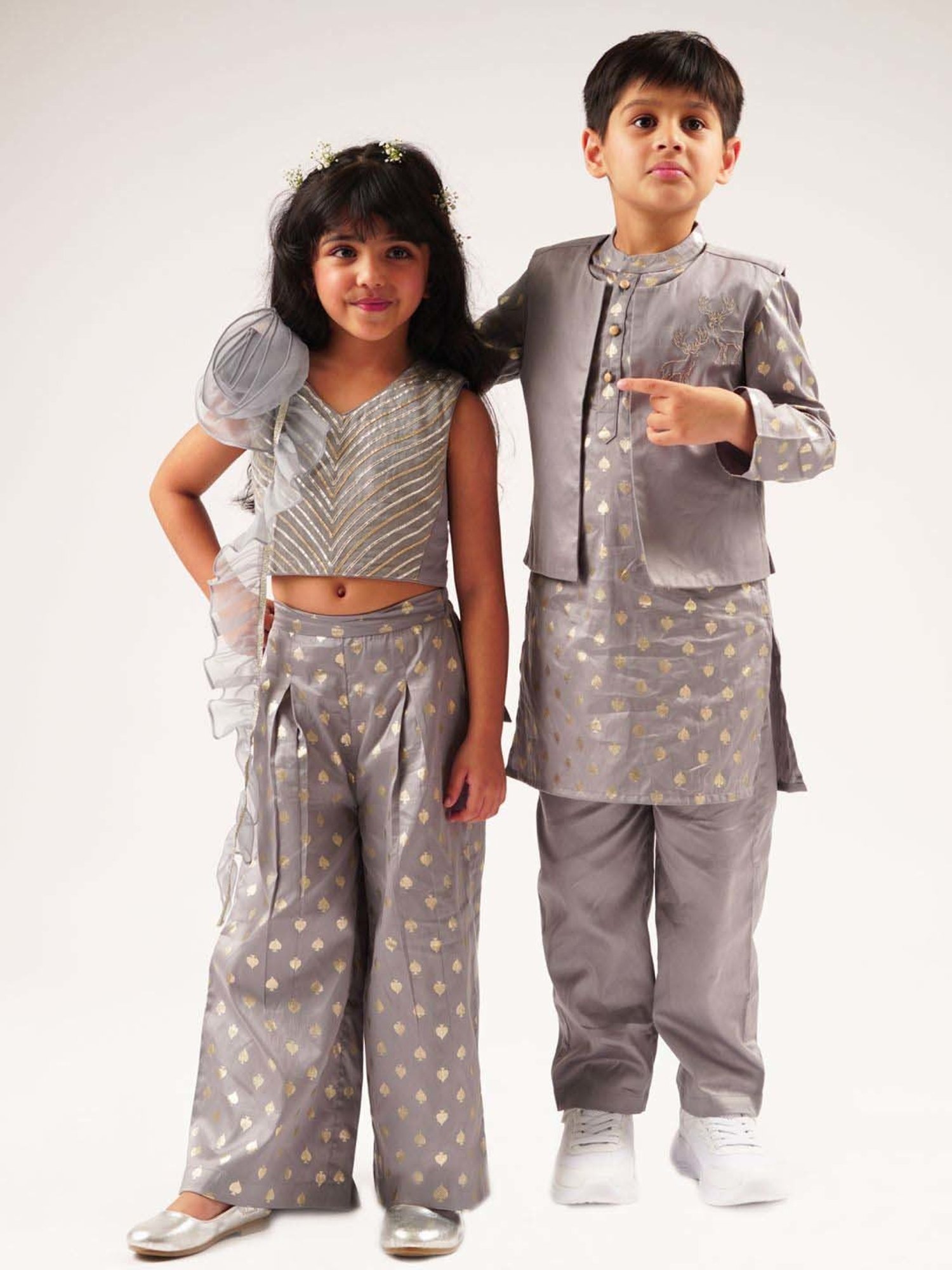 Lil Drama Kids Grey Cotton Embroidered Full Sleeves Kurta Set