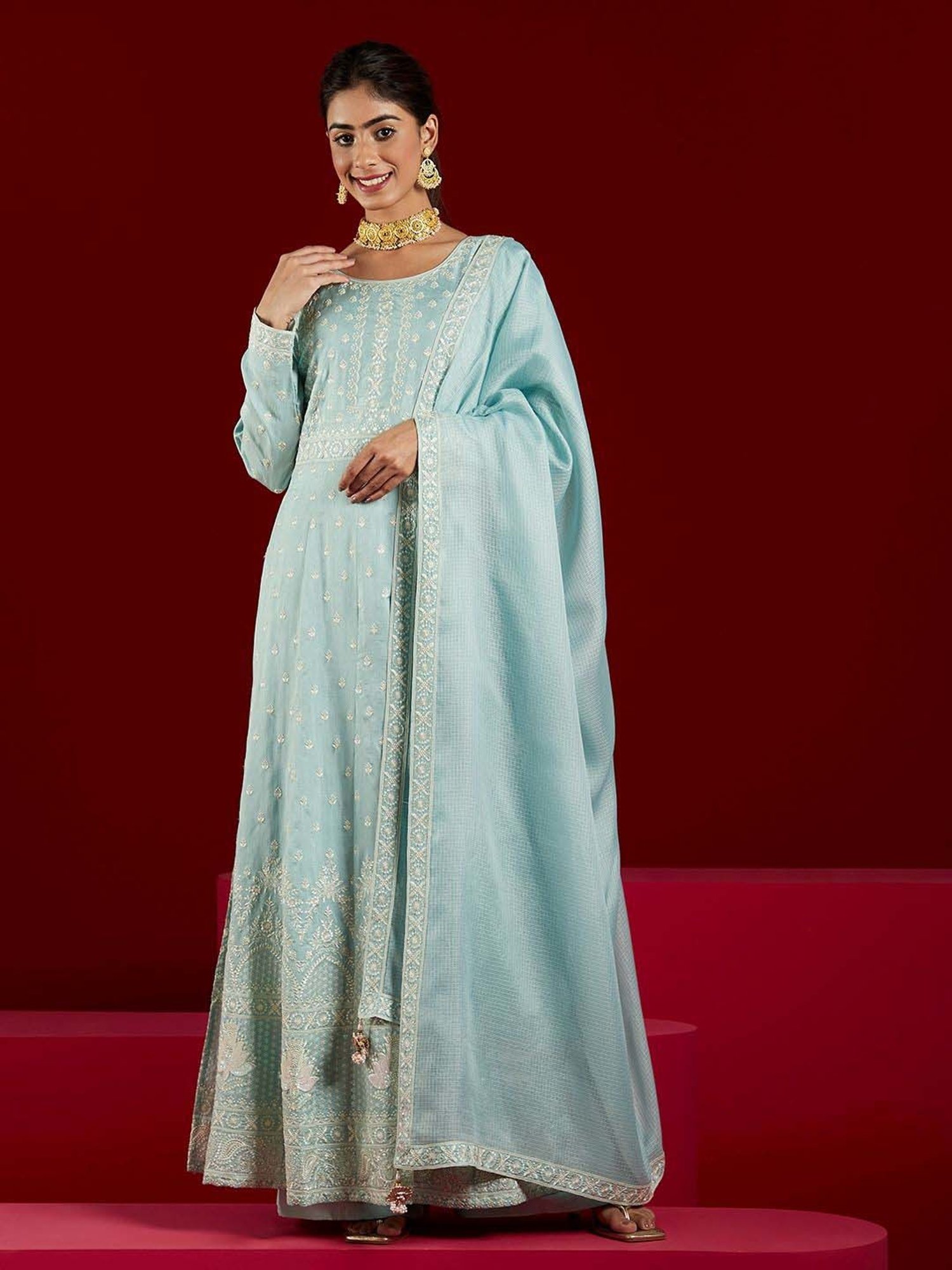 Libas Art Blue Embroidered Kurta Palazzo Set With Dupatta