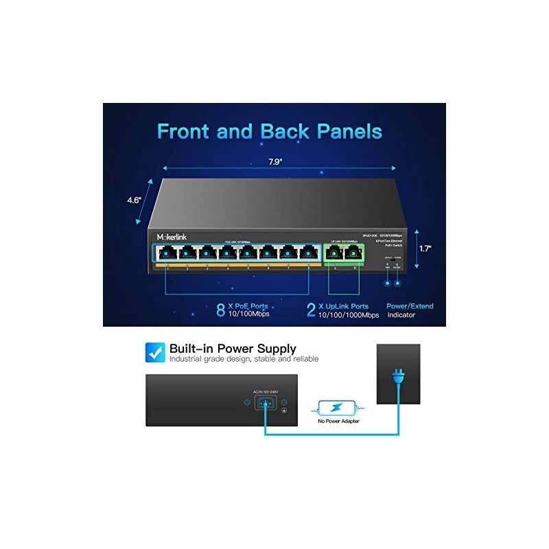 8 Port PoE Switch with 2 Gigabit Uplink 8023afat PoE+ 100Mbps 120W Builtin Power Extend to 250Meter Metal Plug amp Play