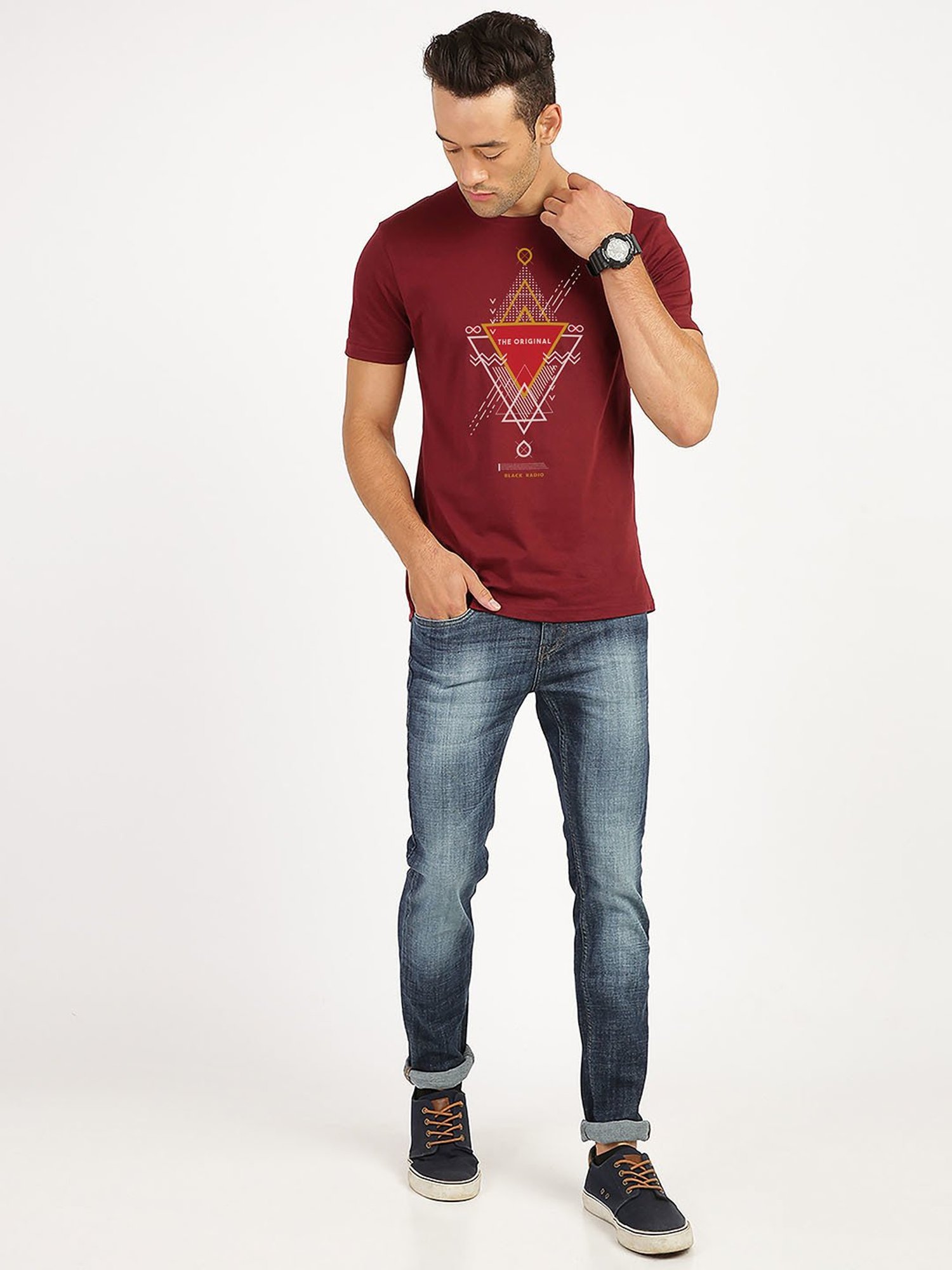 BLACK RADIO Maroon Slim Fit Printed Cotton Crew T-Shirt