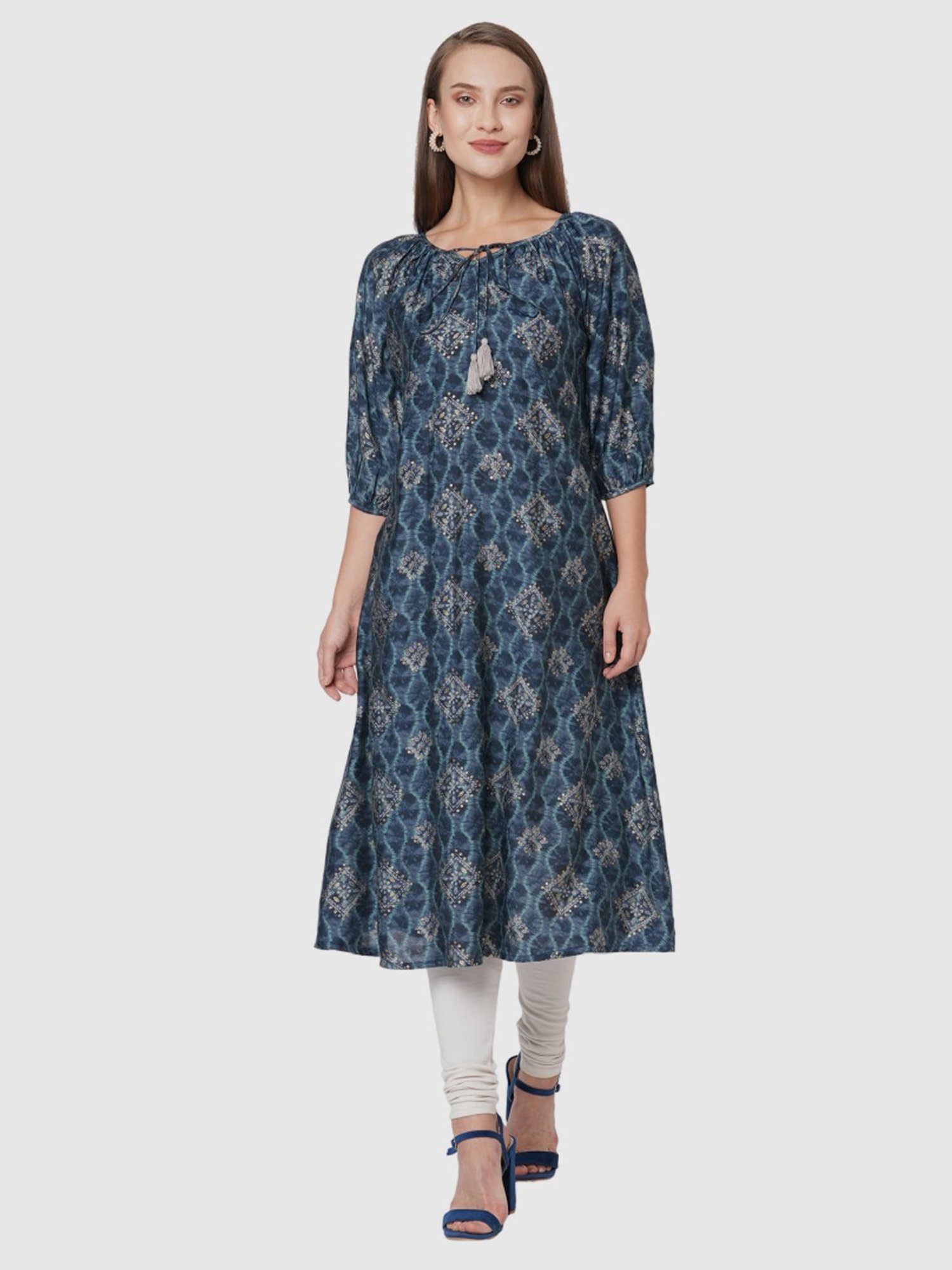 Fusion Beats Blue Printed A Line Kurta