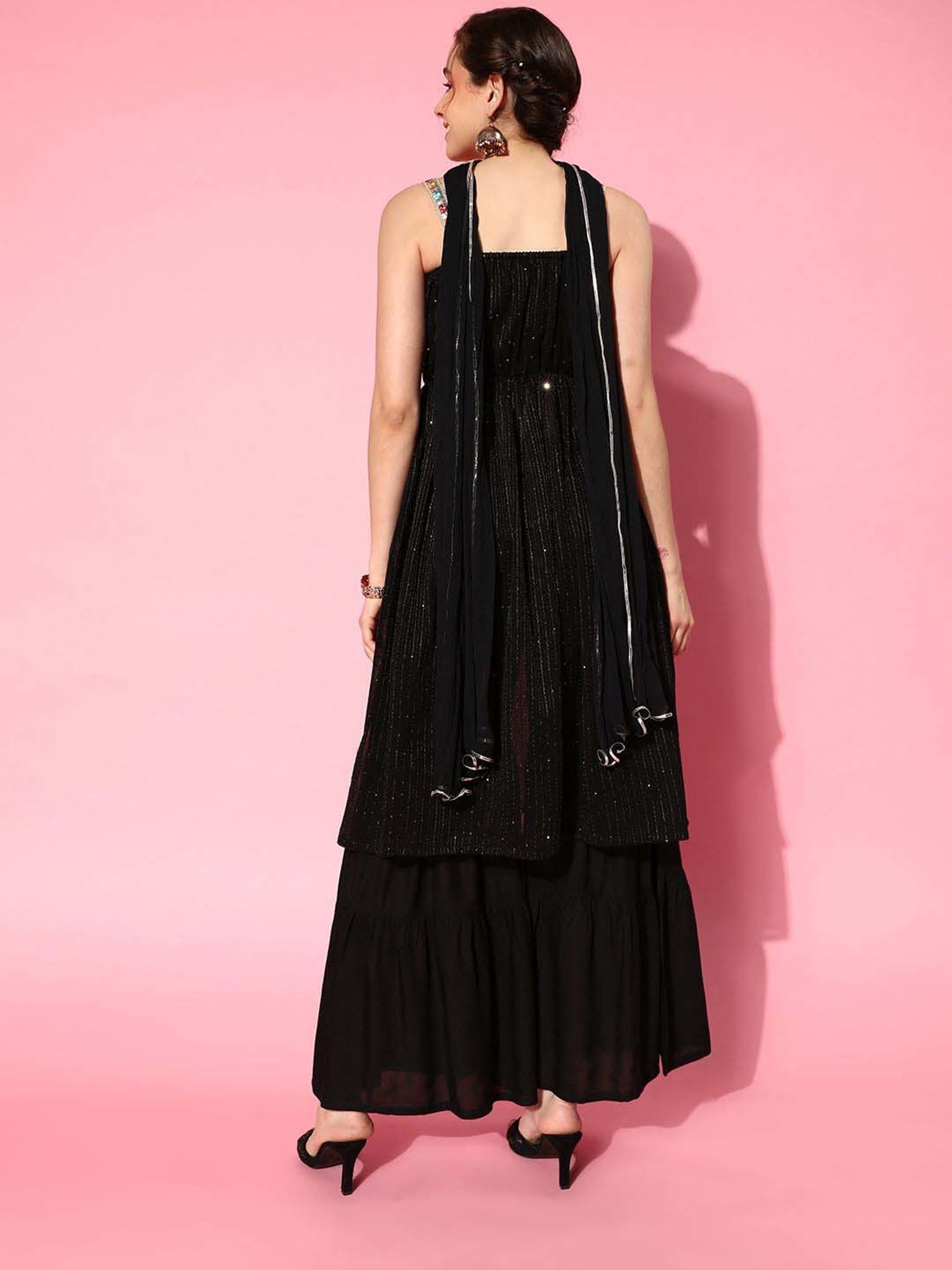 Inweave Black Embellished Kurta & Sharara Set With Dupatta