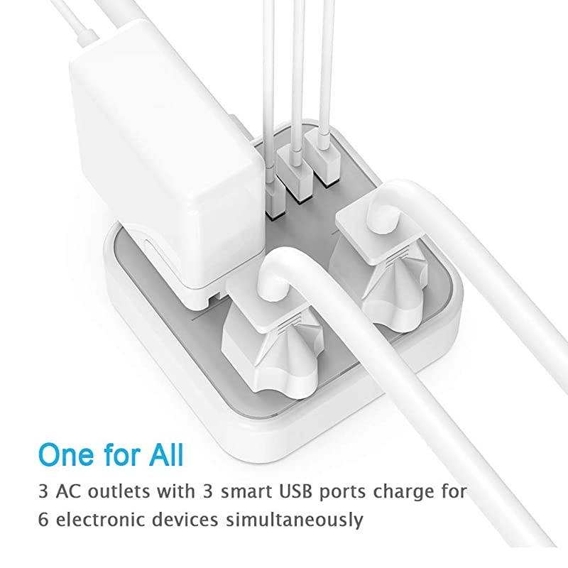 Strip with USB TESSAN Flat Plug Extension Cord with 3 USB Ports Mini Travel Strip with 3 Widely Spaced Outlets 5 Feet Cord Compact for Cruise Ship Hotel Dorm Room Home Gray