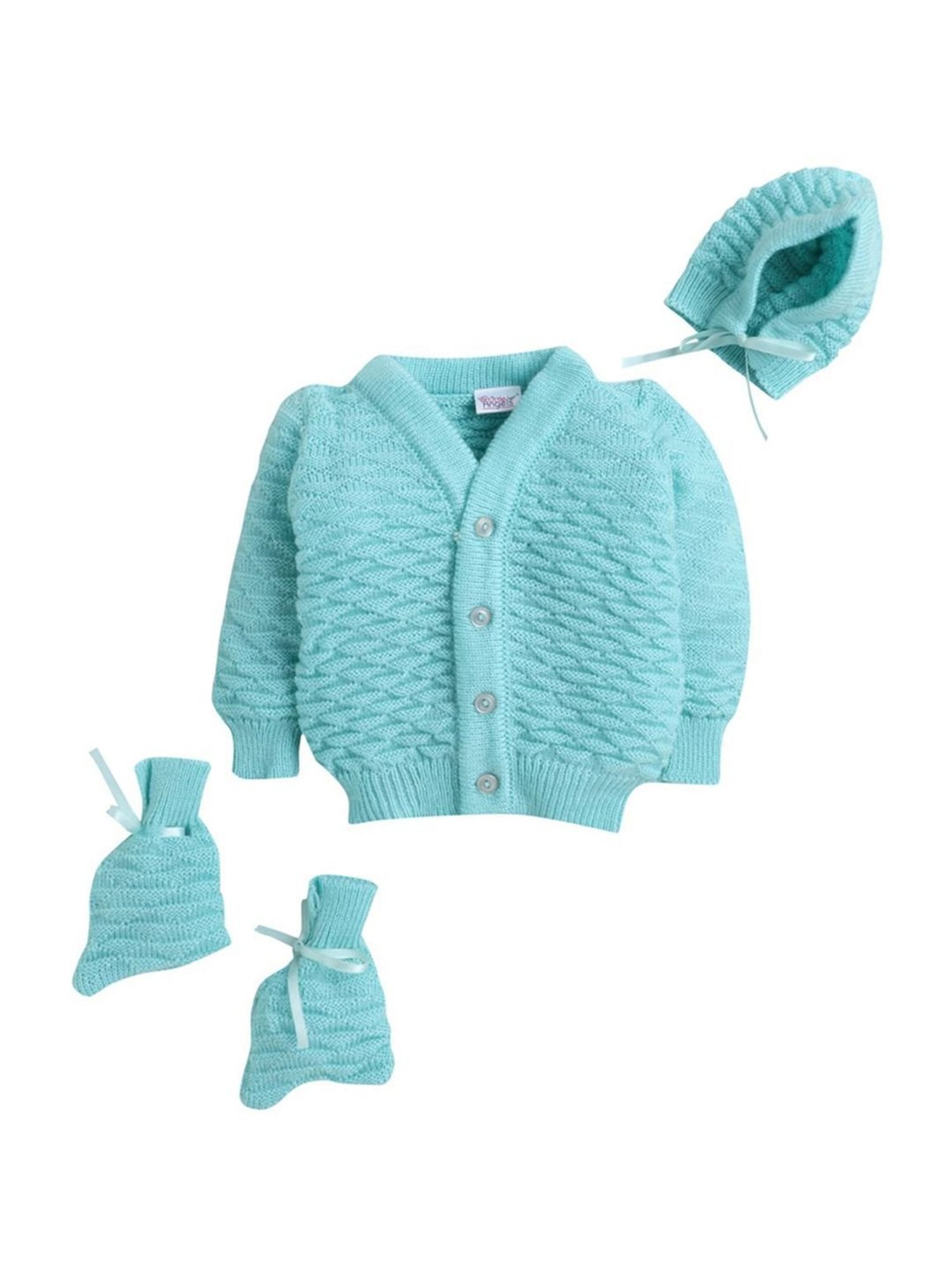 Little Angels Kids Green Textured Pattern Full Sleeves Sweater Set