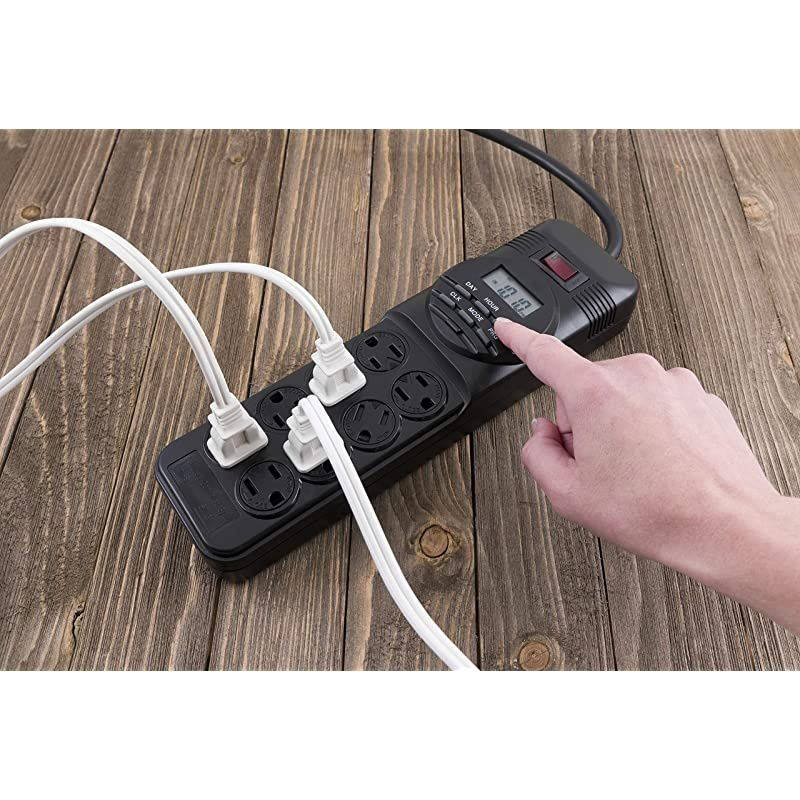 7-Day Programmable Power Strip with Digital Timer, 8 Grounded Outlets (4 Timed / 4 Always On), Indoor, 15 Amp, 1800W, Easy Presets and Custom Settings for Weekly Cycle, Minute Intervals, 15077 Black