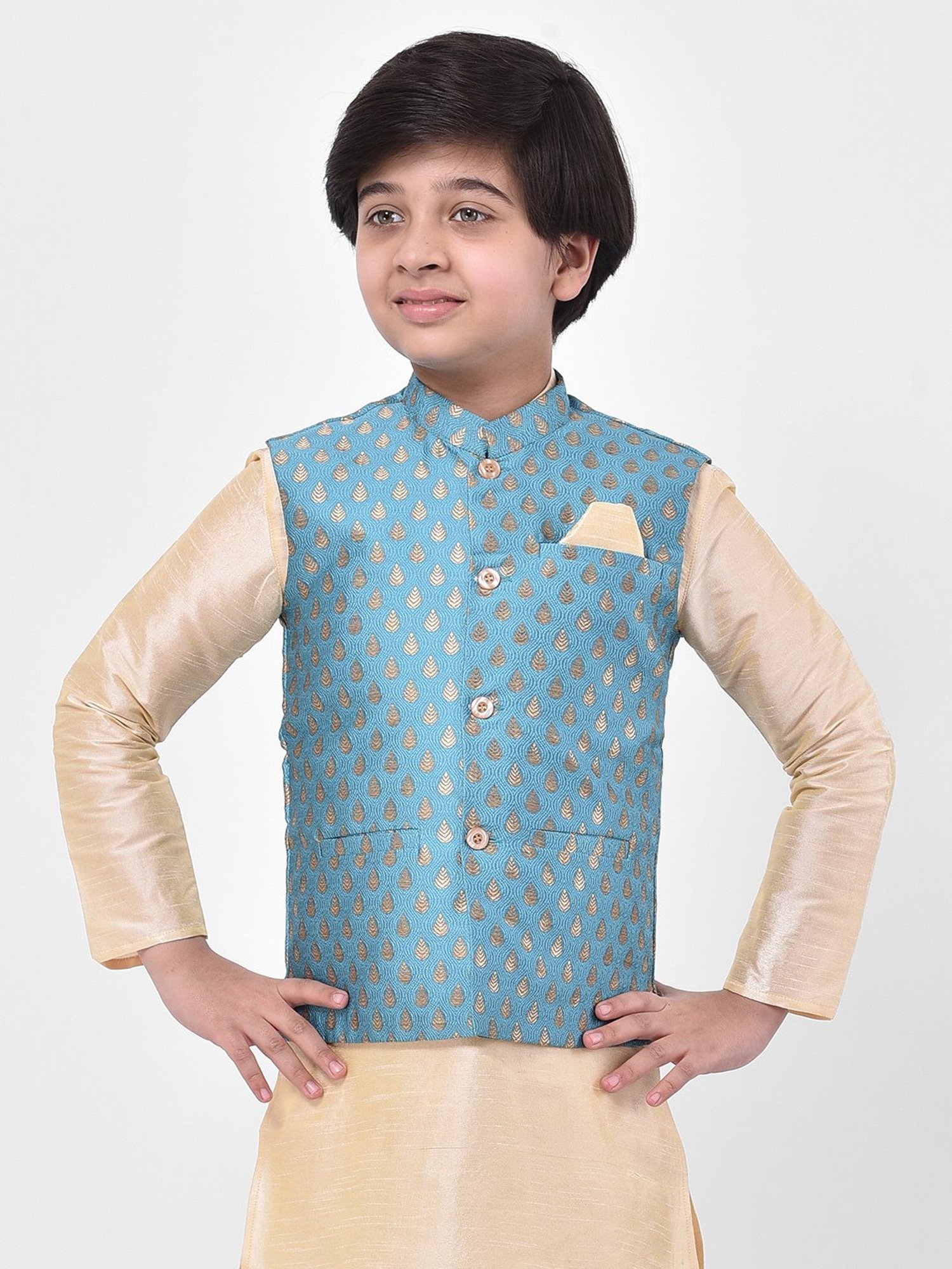 Deyann Kids Blue Embroidered Nehru Jacket
