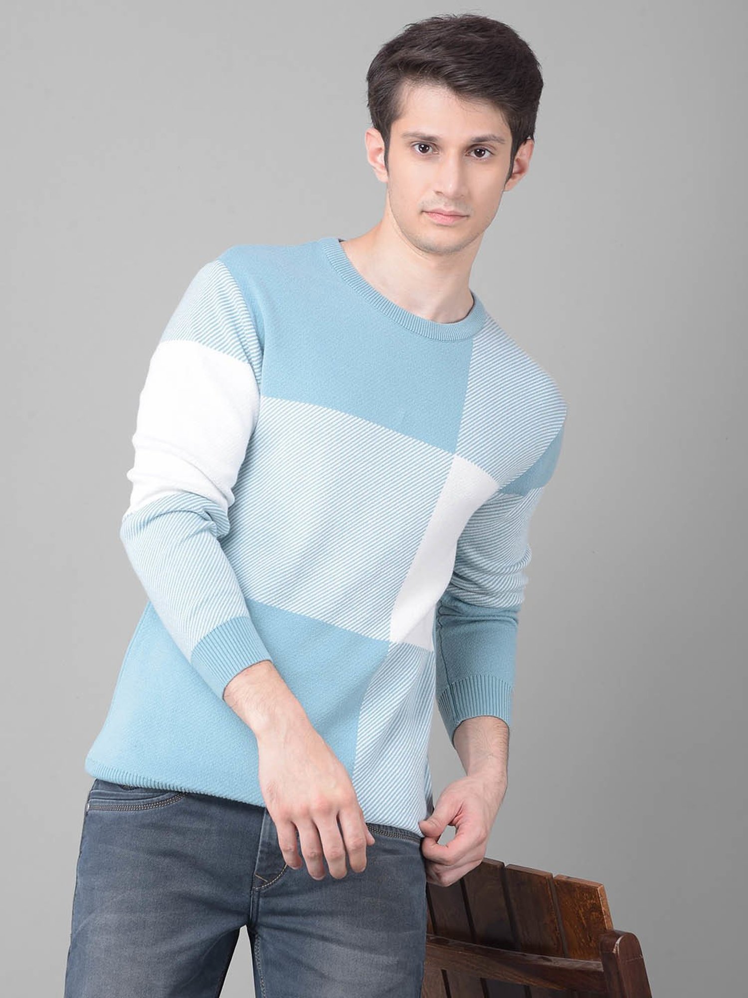 Crimsoune Club Blue Cotton Regular Fit Checks Sweater