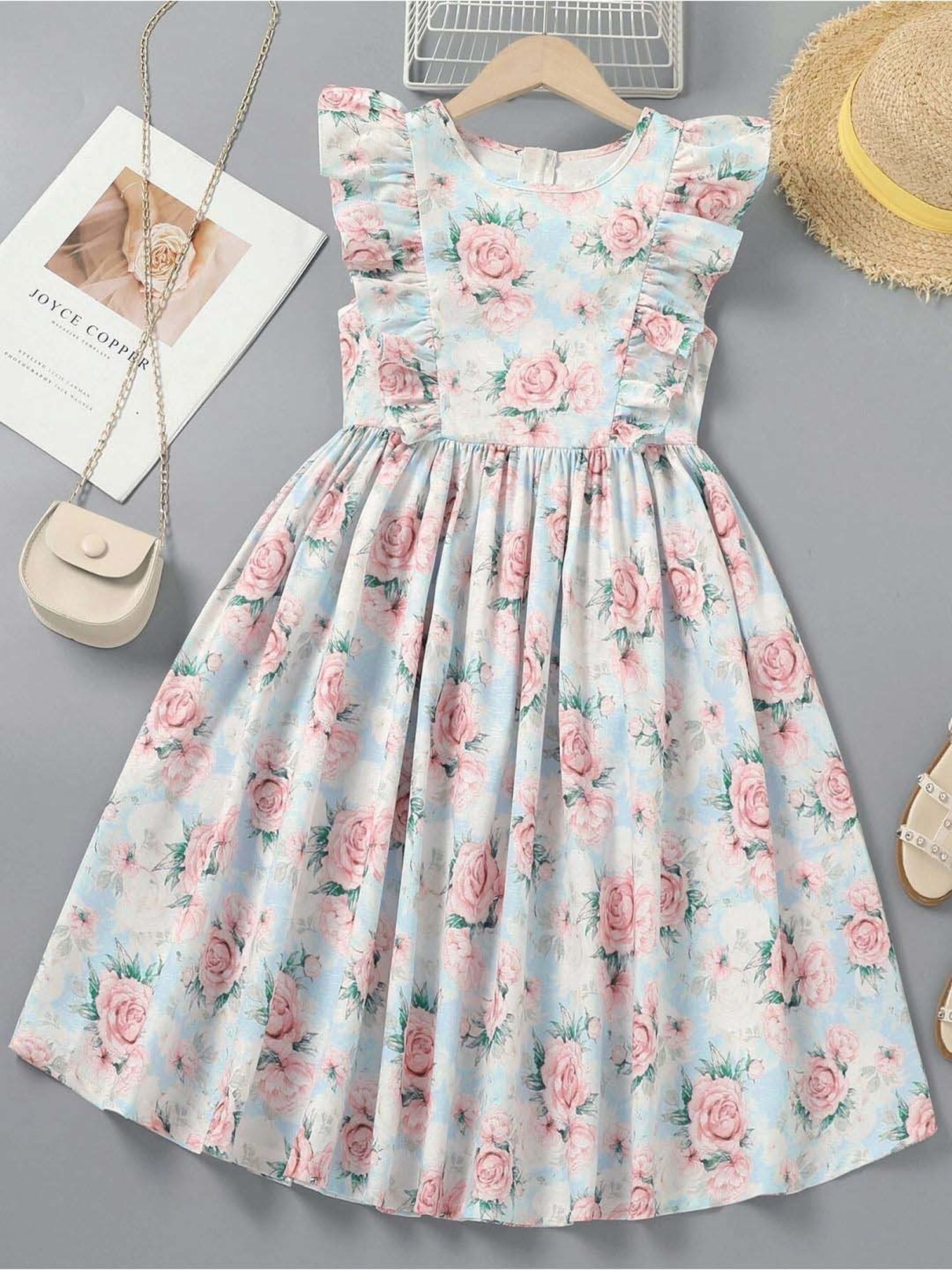 Bolly Lounge Girls Cyan & Pink Floral Dress