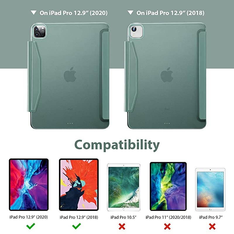 Yippee Trifold Smart Case for iPad Pro 129 2020 2018 Lightweight Stand Case with Clasp Auto SleepWake Supports Pencil 2 Wireless Charging Hard Back Cover for iPad Pro Forest Green