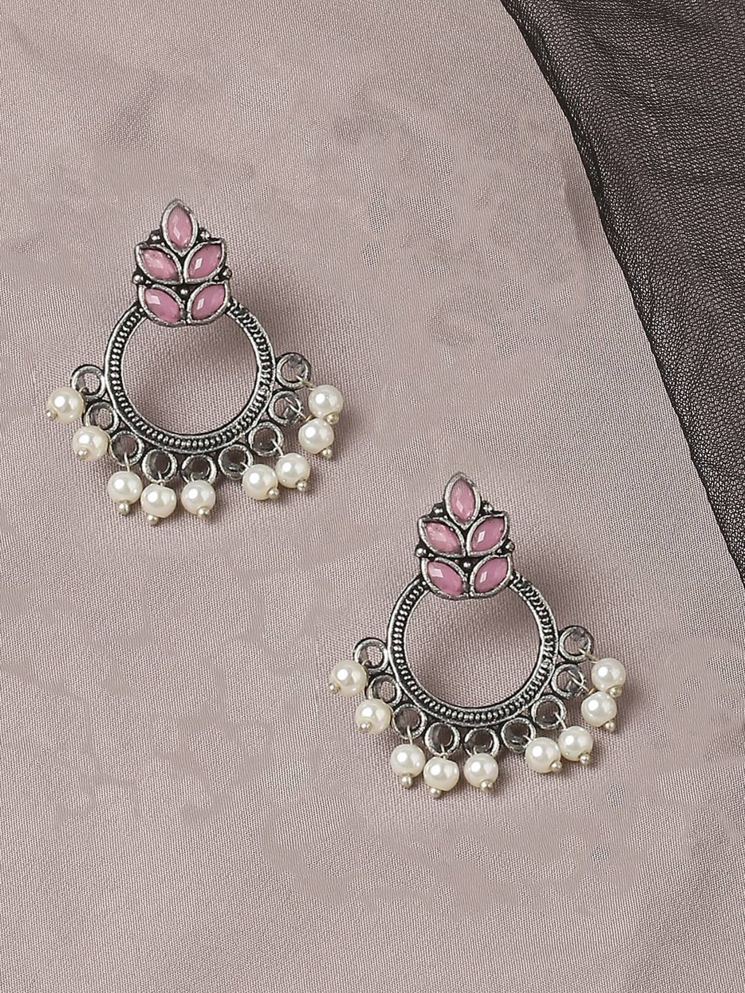 OOMPH Jewellery Oxidised Silver Look Alike Pink S& Pearls Floral Design Ethnic Small Dangler