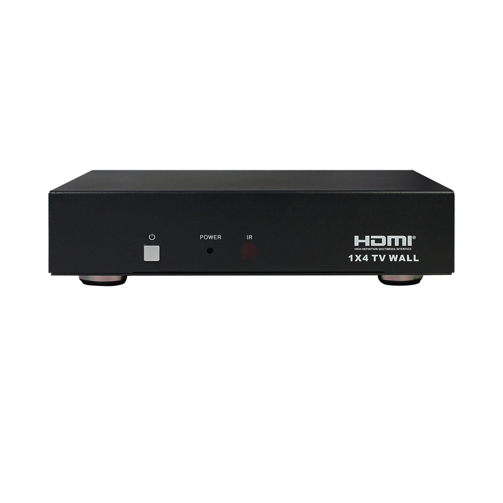 7614 HDMI 1x4 TV WALL support CVBS/VGA/HDMI/USB play input sources to be freely arranged on 4 HDMI, supports cascade with RS232, IP control, IR remote control
