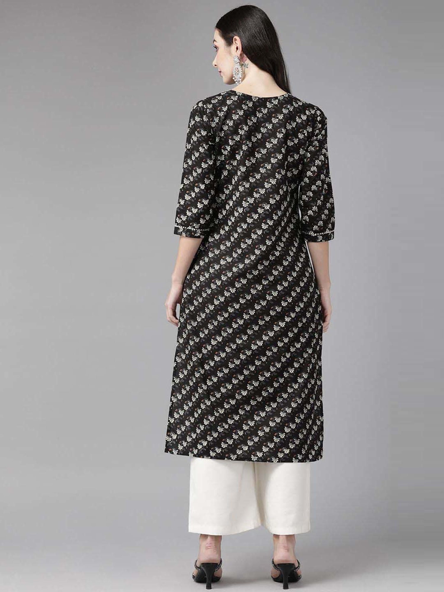 Cayman Black Cotton Floral Print Straight Kurta