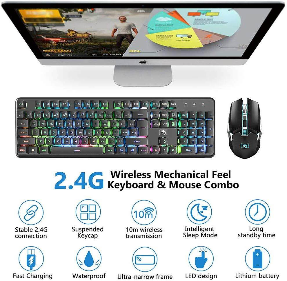 Rechargeable Keyboard and Mouse,Suspended Keycap Mechanical Feel Backlit Gaming Keyboard Mice Combo,Wireless 2.4G Drive Free,Adjustable Breathing Lamp,Anti-ghosting,4800 mAh Battery for Laptop Pc Mac