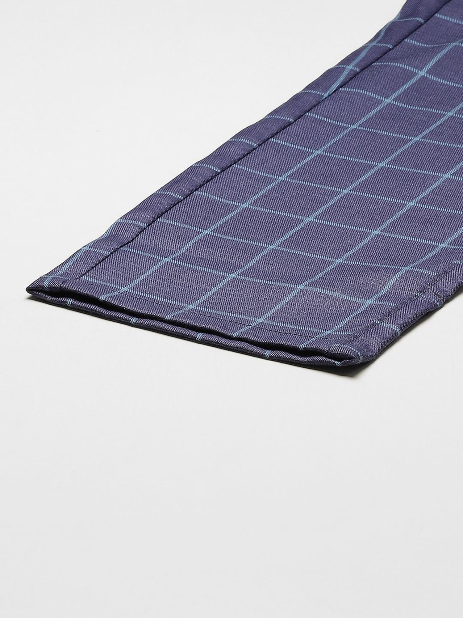 Sojanya Navy Cotton Regular Slim Fit Checks Flat Front Trousers