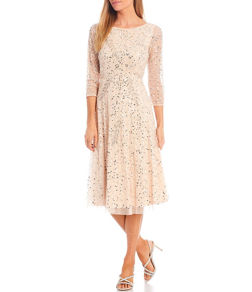 Adrianna Papell Beaded A-Line Jewel Neck 3/4 Sleeve Midi Dress