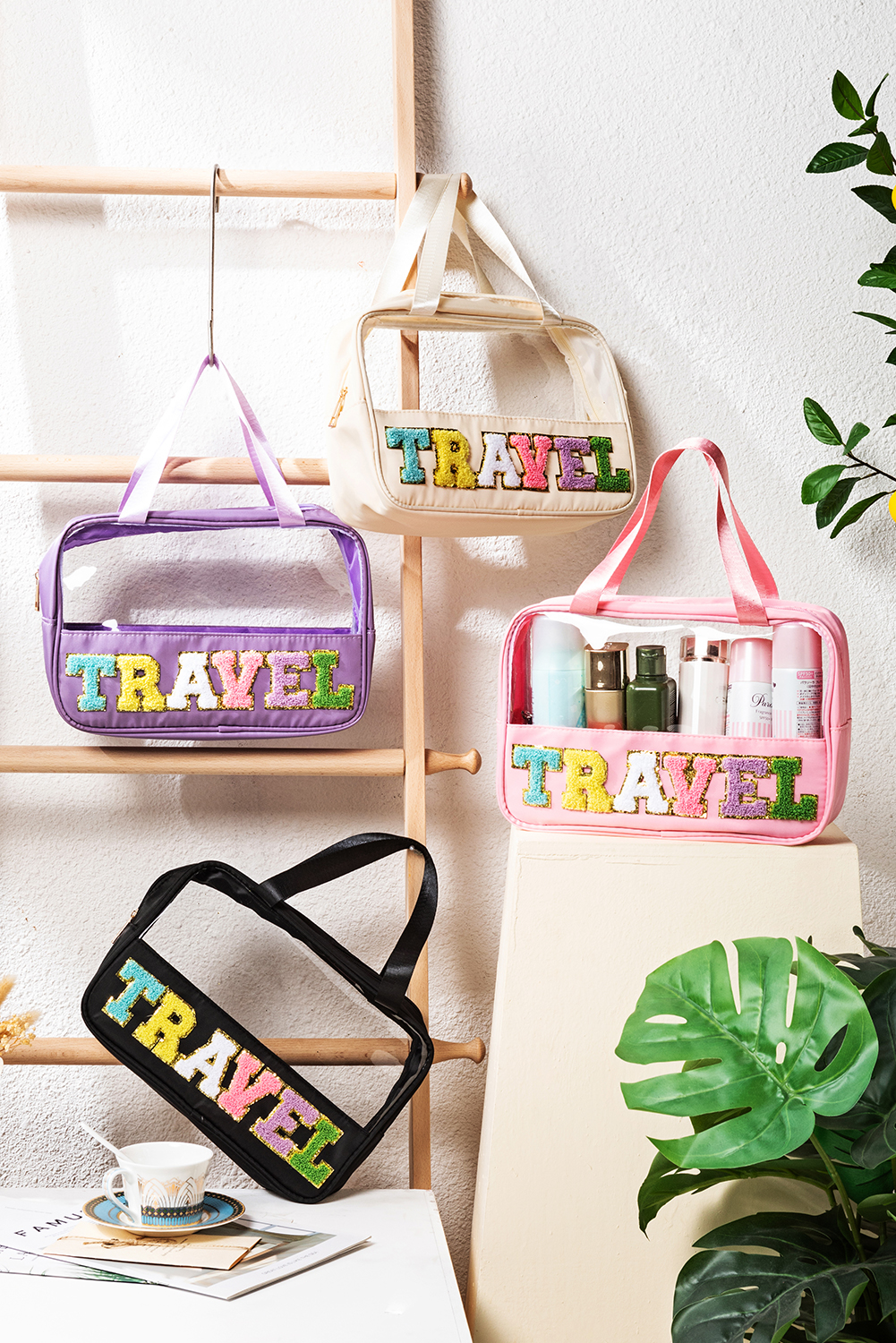 Purple TRAVEL Letter Clear PVC Makeup Bag