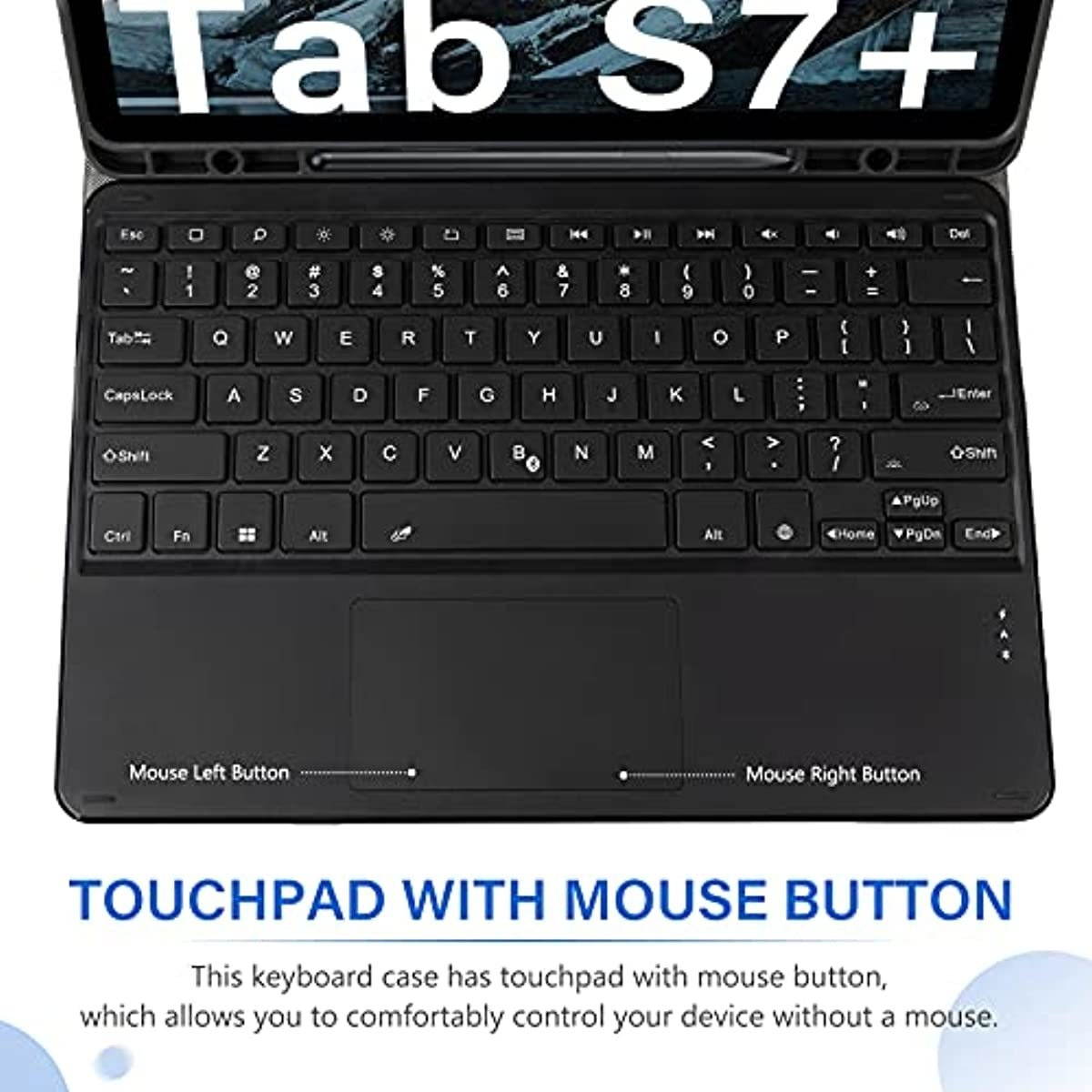 Jelly Comb Backlit Bluetooth Keyboard Case with Trackpad for Samsung Galaxy S7 Plus 12.4" 2020 (SM-T970/T975/T976), Wireless Detachable Keyboard with Mouse pad & Protective Cover & S Pen Holder, Black