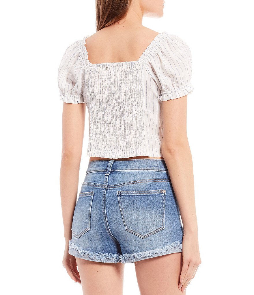 Lily Star Short Sleeve Button Front Ruffled Stripe Peasant Top