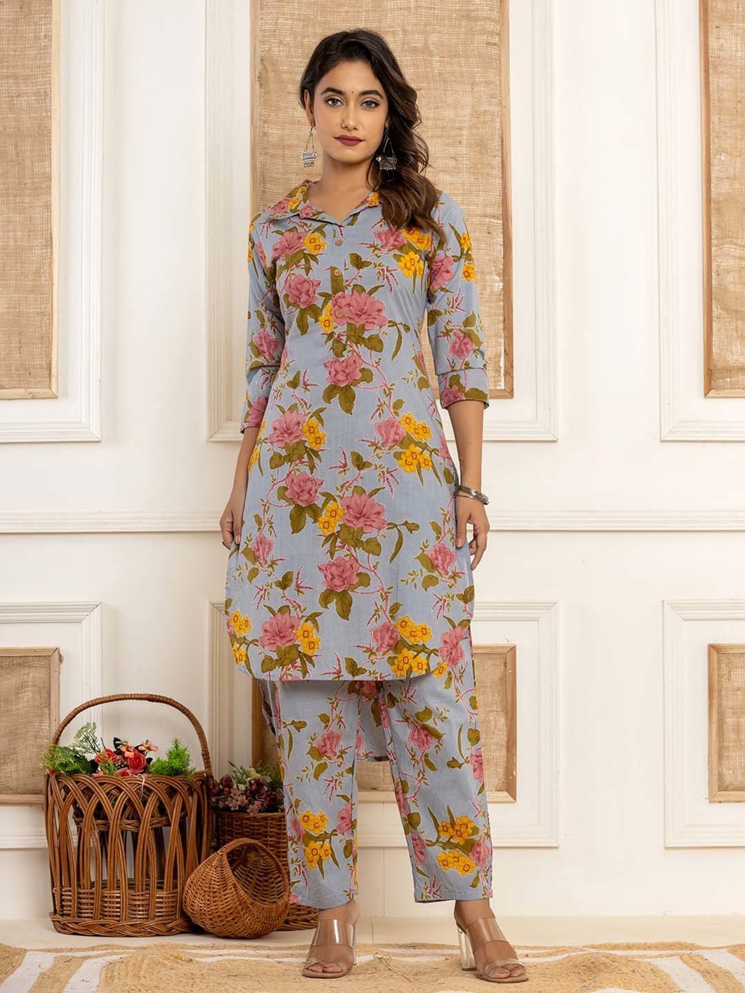 Yufta Blue Cotton Printed Kurta Pant Set