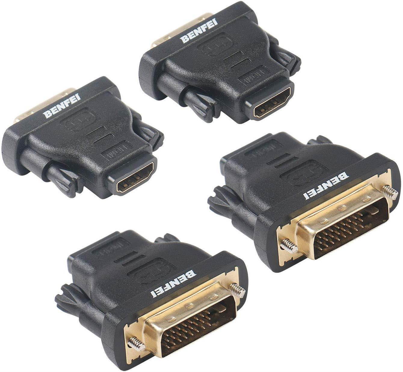 DVI to HDMI, Benfei Bidirectional DVI (DVI-D) to HDMI Male to Female Adapter with Gold-Plated Cord 4 Pack
