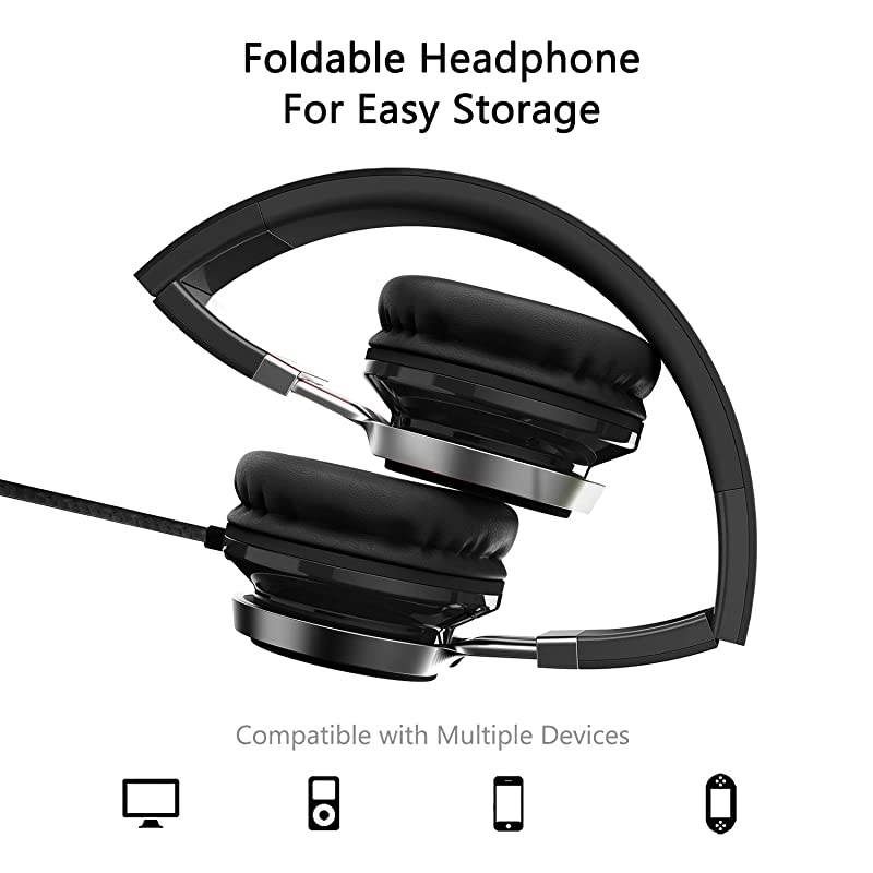 i39 Headphones with Microphone Foldable Lightweight Adjustable On Ear Headsets with 3.5mm Jack for Cellphones Computer MP3/4 Kindle School Dark Black