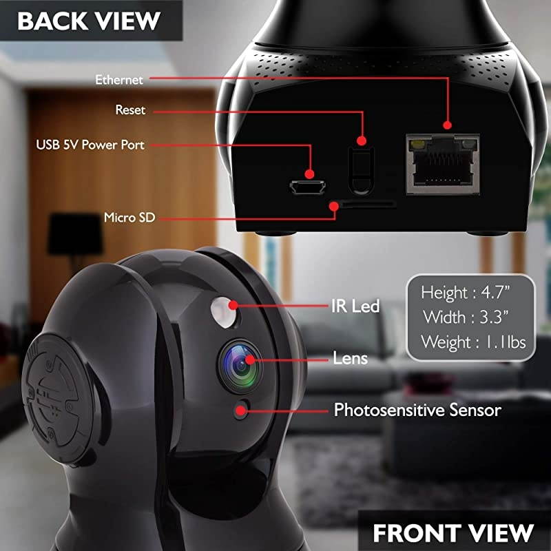 Wireless HD Cloud Cam Network Security Indoor Home Video Monitoring Surveillance WiFi IP Cam w Motion Detection Night Vision PTZ 2 Way Audio For iPhone Android IPCAMHD80black