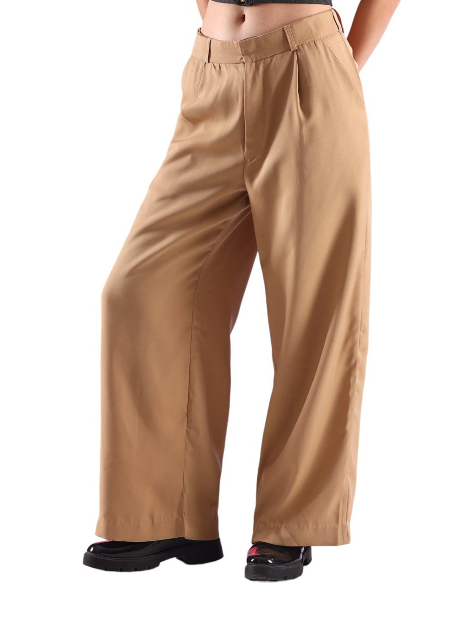 FITHUB Beige Regular Fit High Rise Trousers