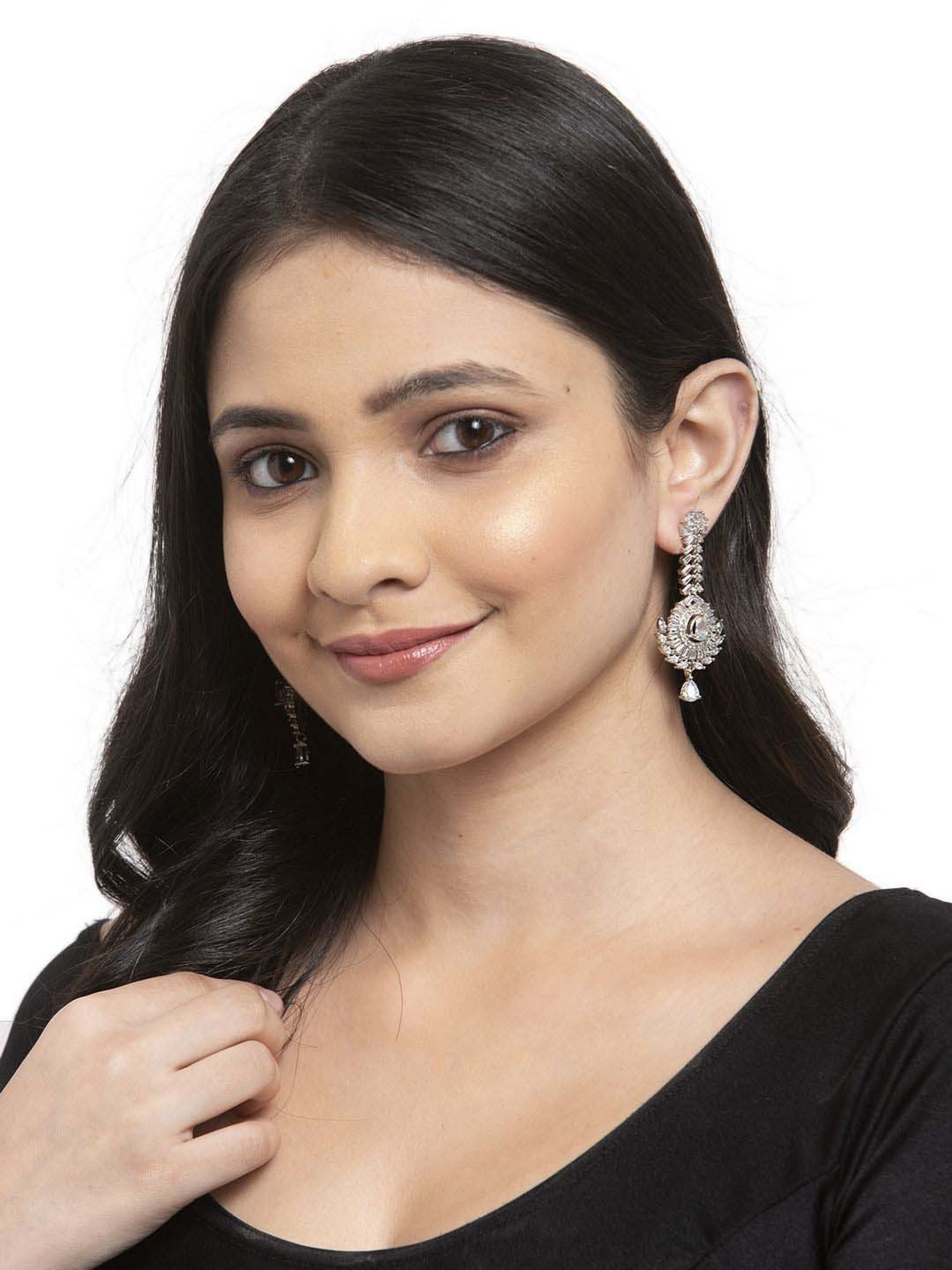 Panash Silver Rhodium-plated American Diamon Studded Dangler Earrings