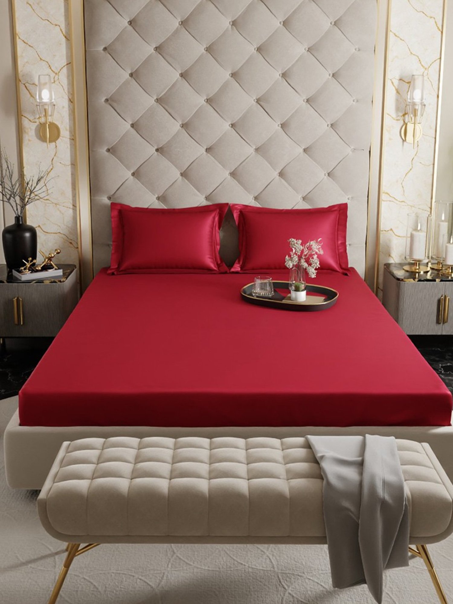 Stoa Paris Red 300 TC Polyester Double Fitted Sheet with 2 Pillow Covers