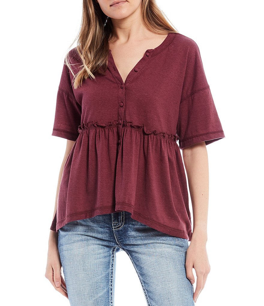 Coco + Jaimeson Short-Sleeve Button-Front Knit Babydoll Top
