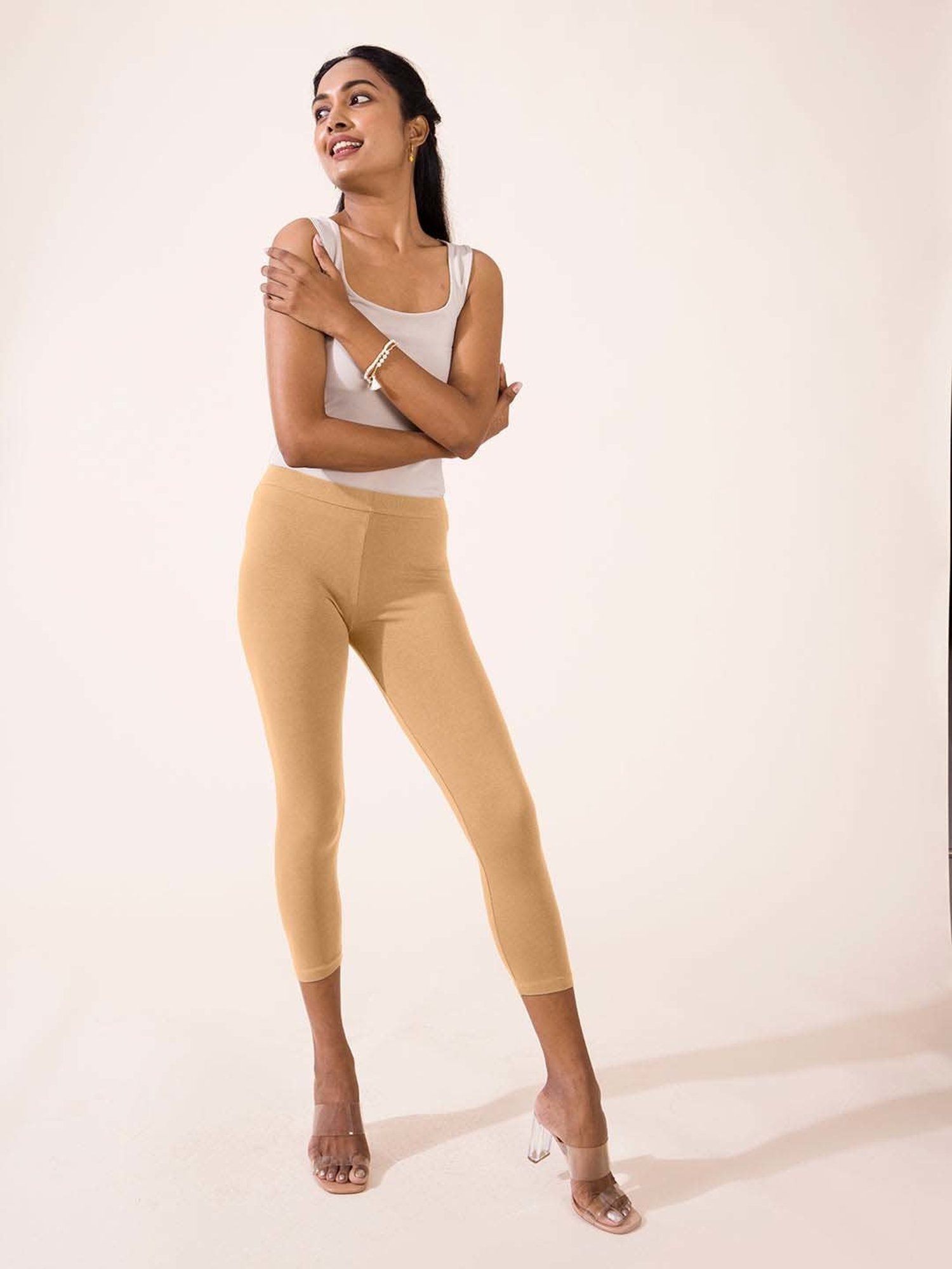Go Colors! Beige Cotton Crop Leggings