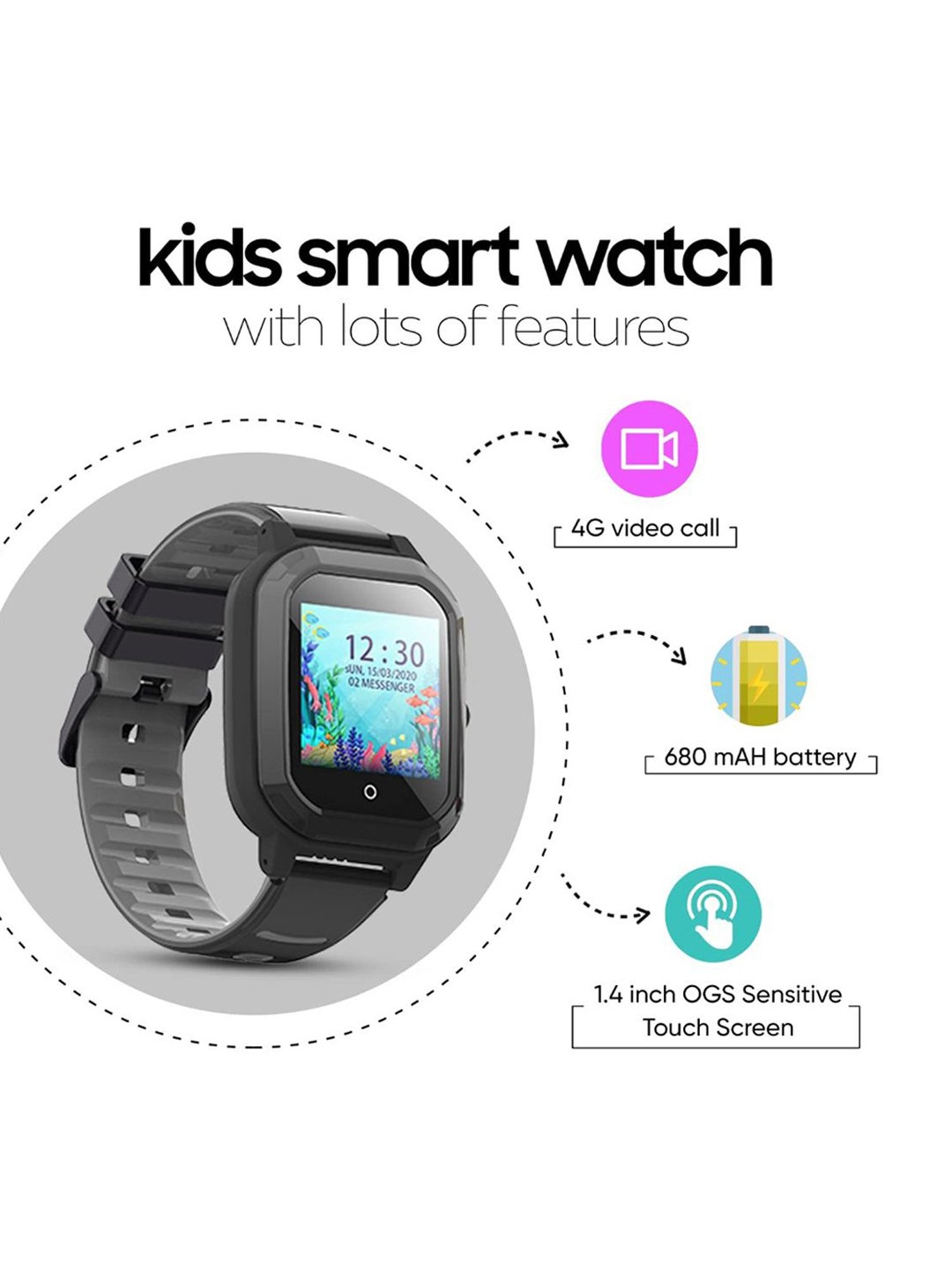 Turet Smartwatch for Kids with HD Display, Camera, SOS Button, Phone & Video Calling (Dark Black)
