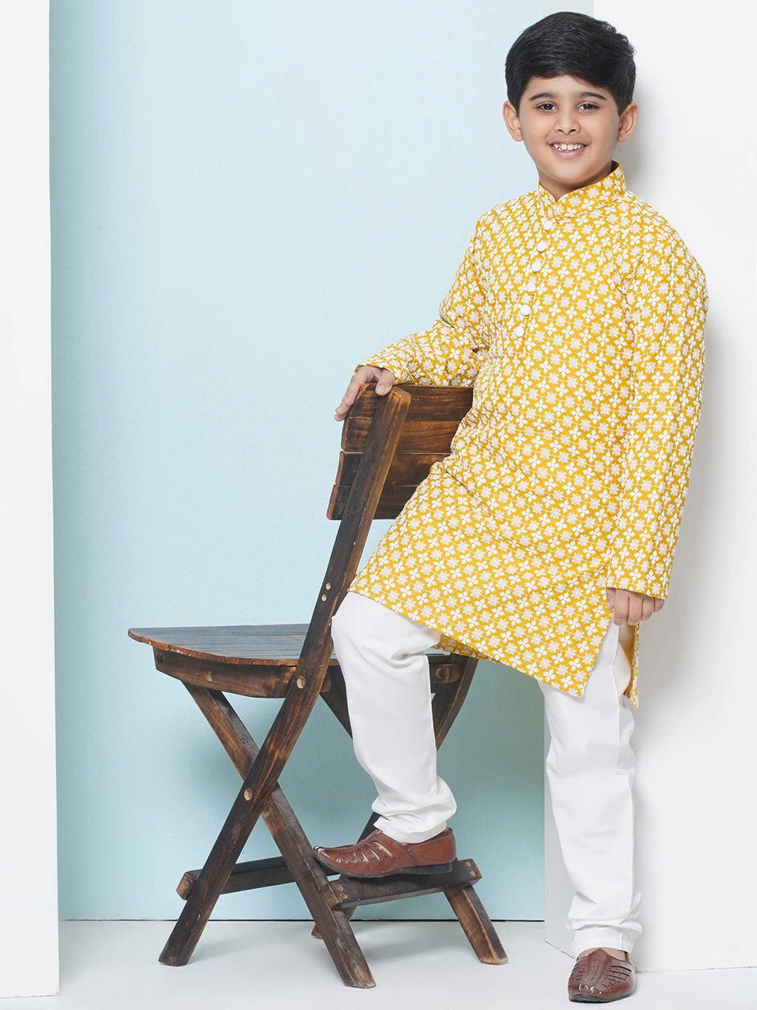 AJ Dezines Kids Mustard & White Embroidered Full Sleeves Kurta with Pyjamas