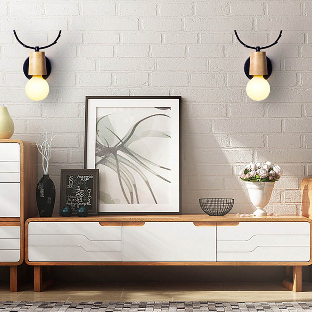 220V Nordic Wooden Creative Personality Antler Wall Lamps Iron Art Europe Wall Lamps for Living Room Bedroom Bathroom with G80 Bulbs (Warm Light, Black)