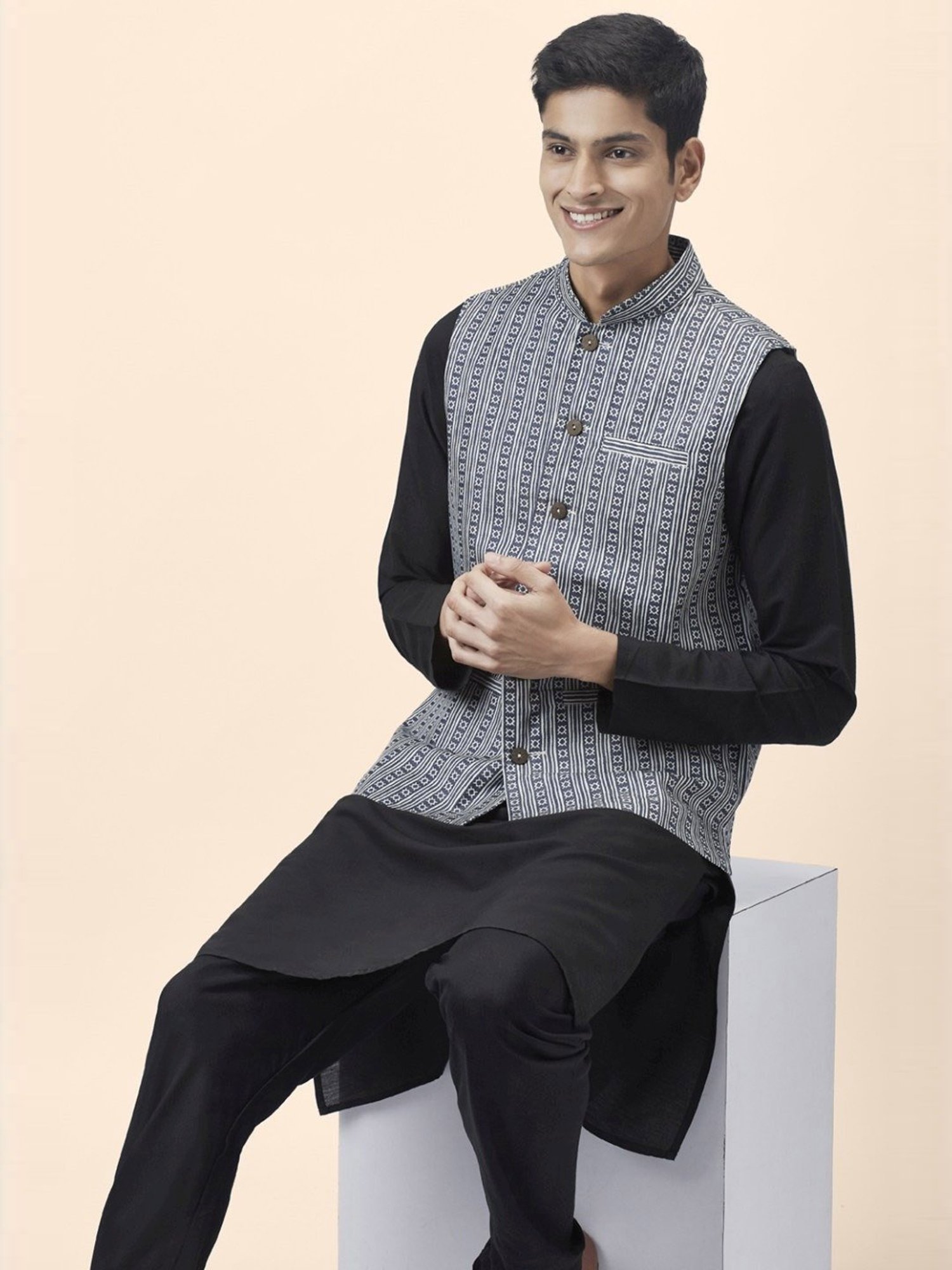 Indus Route By Pantaloons Blue Cotton Regular Fit Printed Nehru Jacket