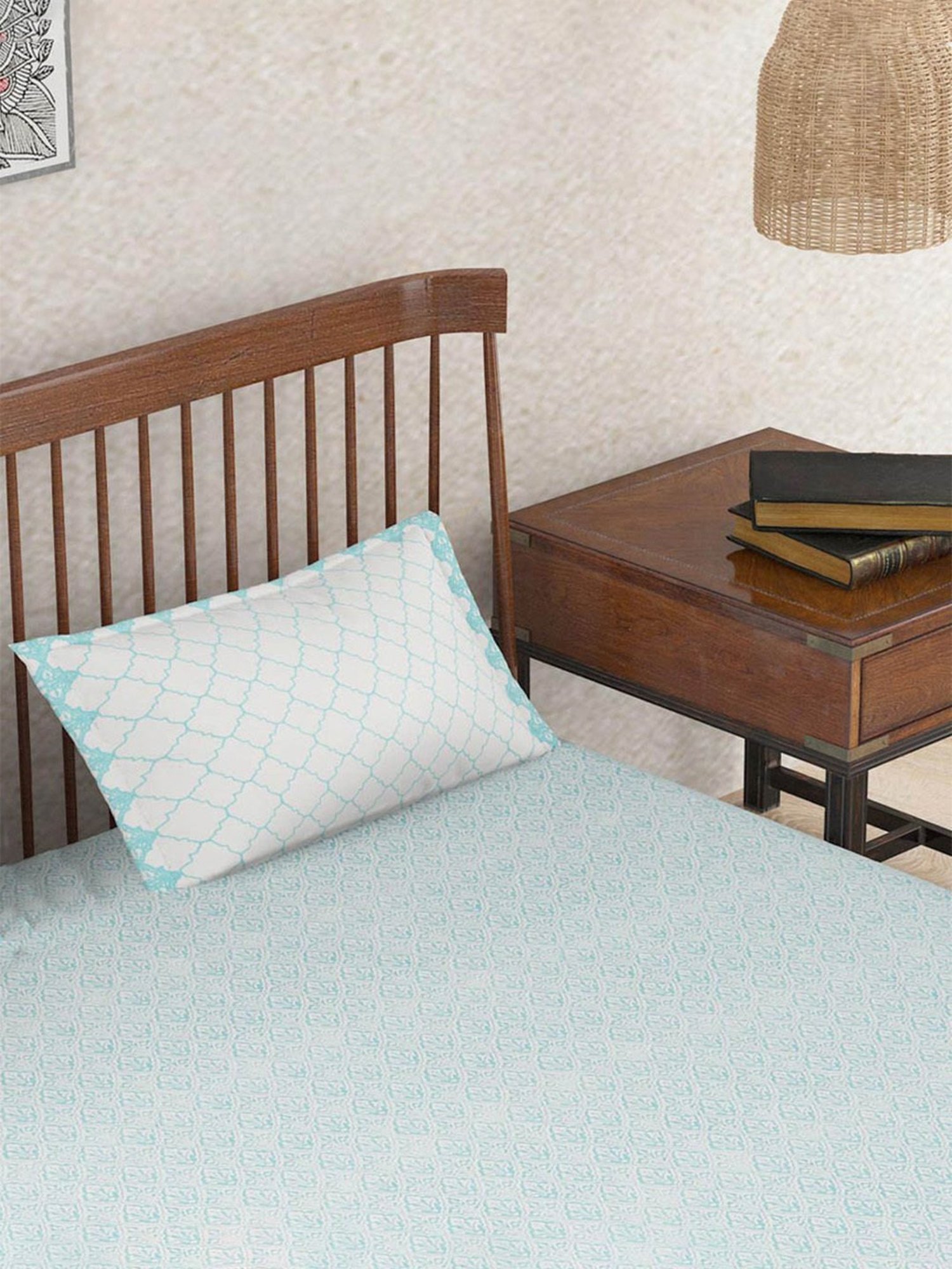 Fabindia Aqua Cotton 180 TC Single Bedsheet With Pillow Cover