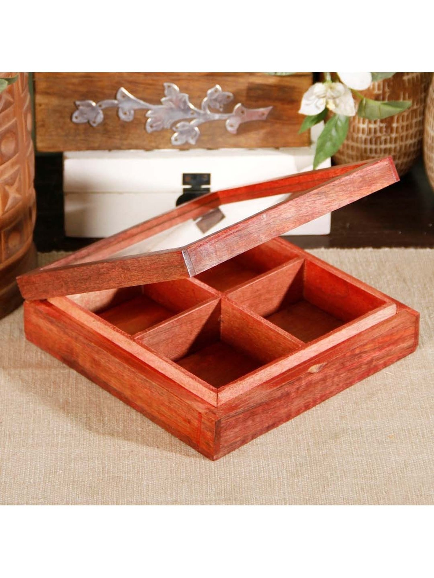 Unravel India Red Wood Utility Box - Set of 1