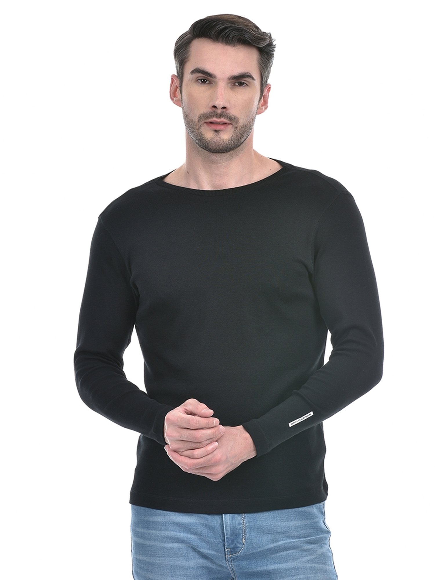 NUMERO UNO Black Slim Fit Solid Round Neck Brushed Fleece T-Shirt