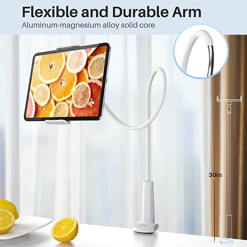 Gooseneck Tablet Stand, Tablet Mount Holder Compatible with iPad iPhone Series/Switch/Galaxy Tabs/Kindle Fire HD and More, 30in Overall Length(White)