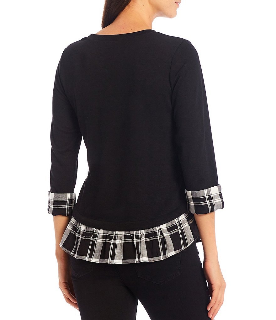 I.N. Studio Petite Size Hacci Knit 3/4 Sleeve Crew Neck Plaid Print Trim Side Button Hem Detail Twofer Top