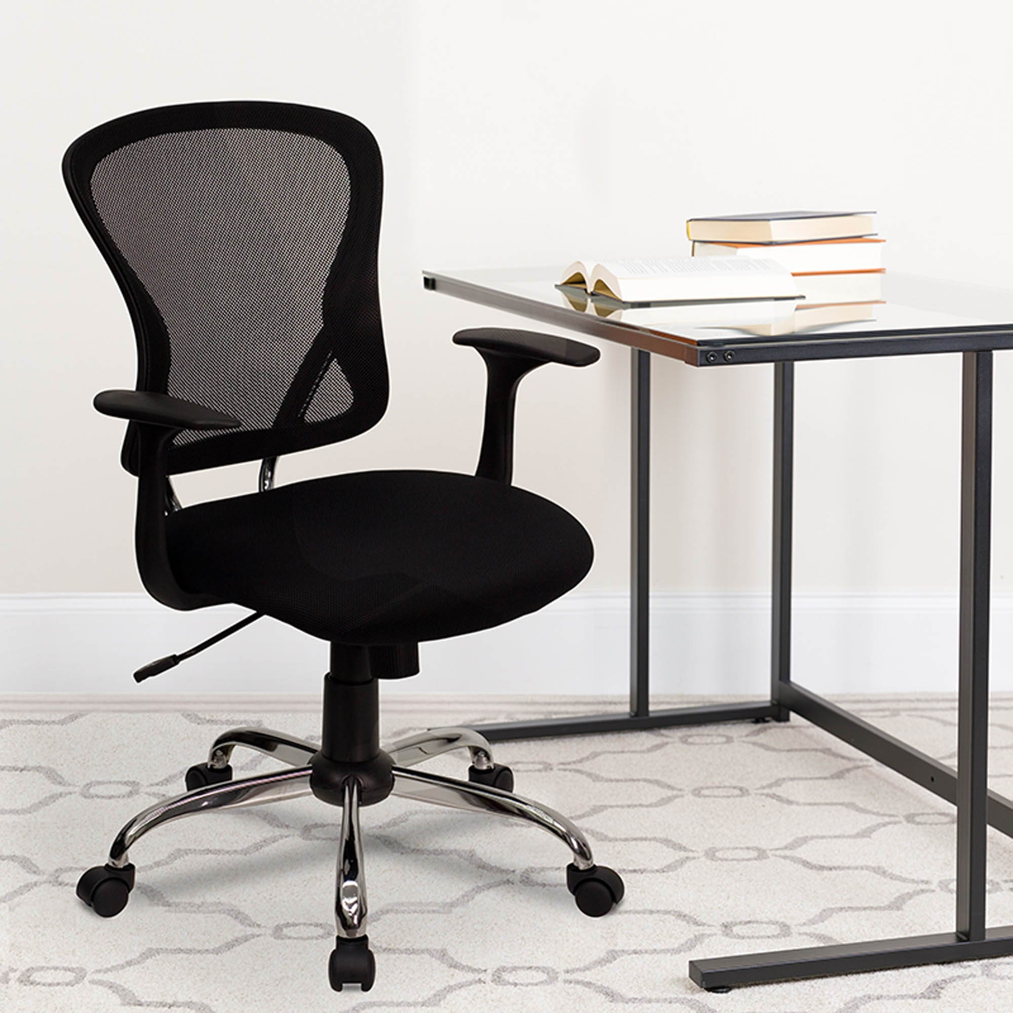 Mid-Back Black Mesh Swivel Task Chair with Chrome Base and Arms