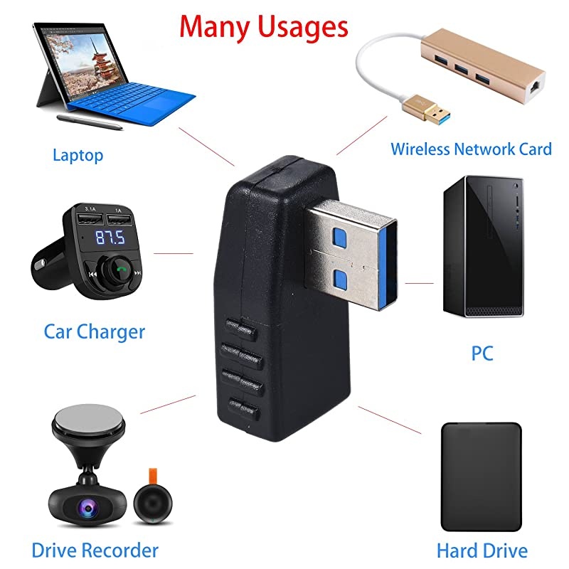 4-Pack USB 3.0 Male to Female Adapter 90 Degree Left Angle and Right Angle USB Cable Extender Connector - Upgraded Version Max 2A Charging Speed