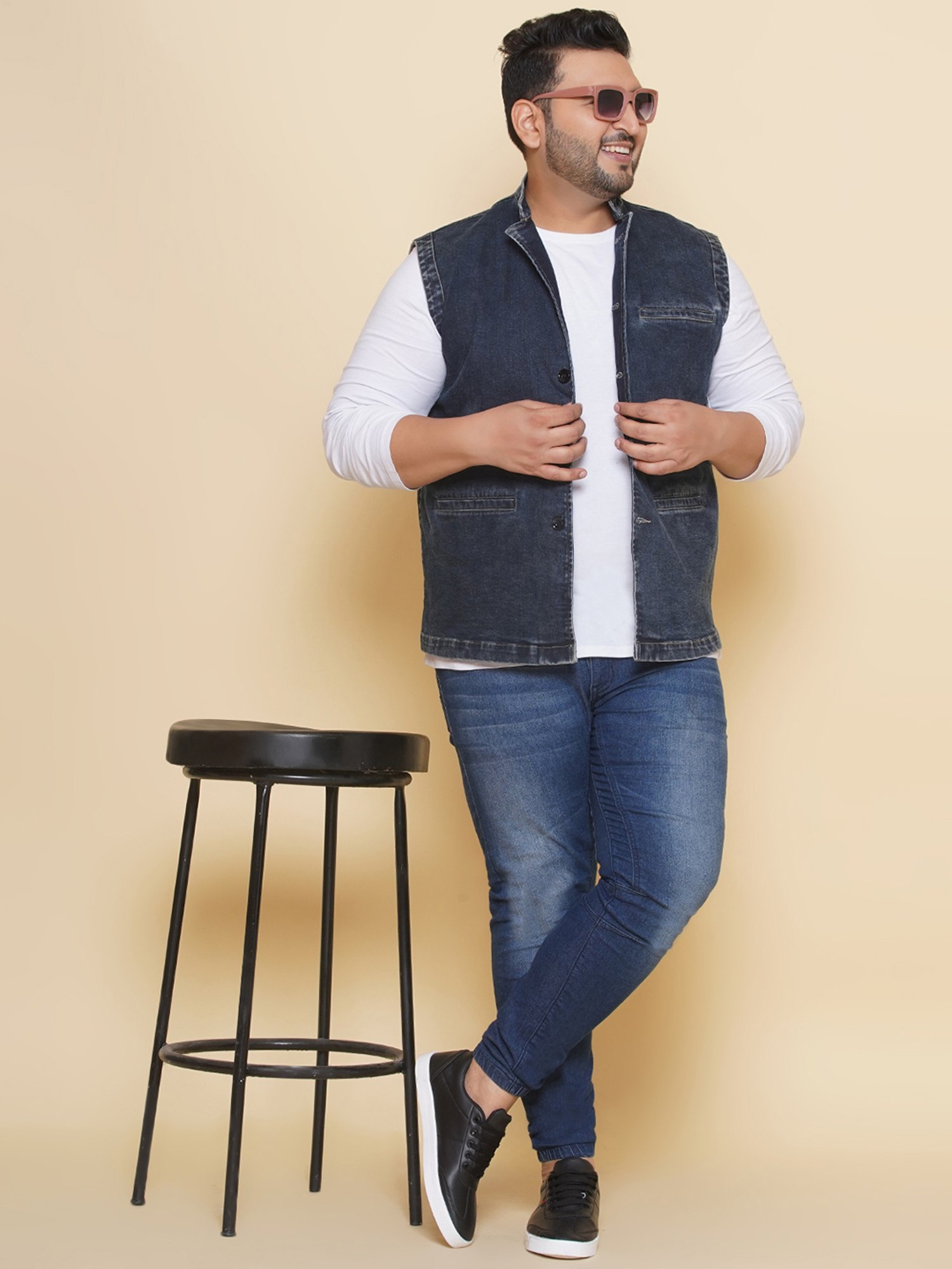 John Pride Dark Blue Regular Fit Denim Nehru Jacket