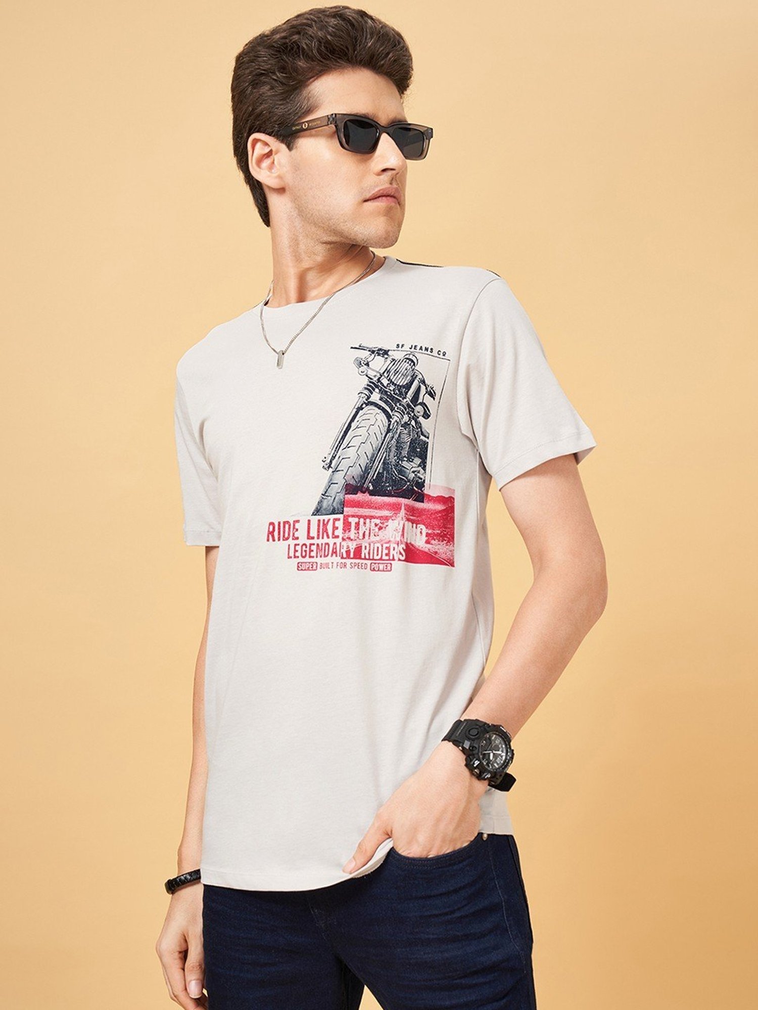 Sf Jeans By Pantaloons Steel Grey Slim Fit Printed T-Shirt