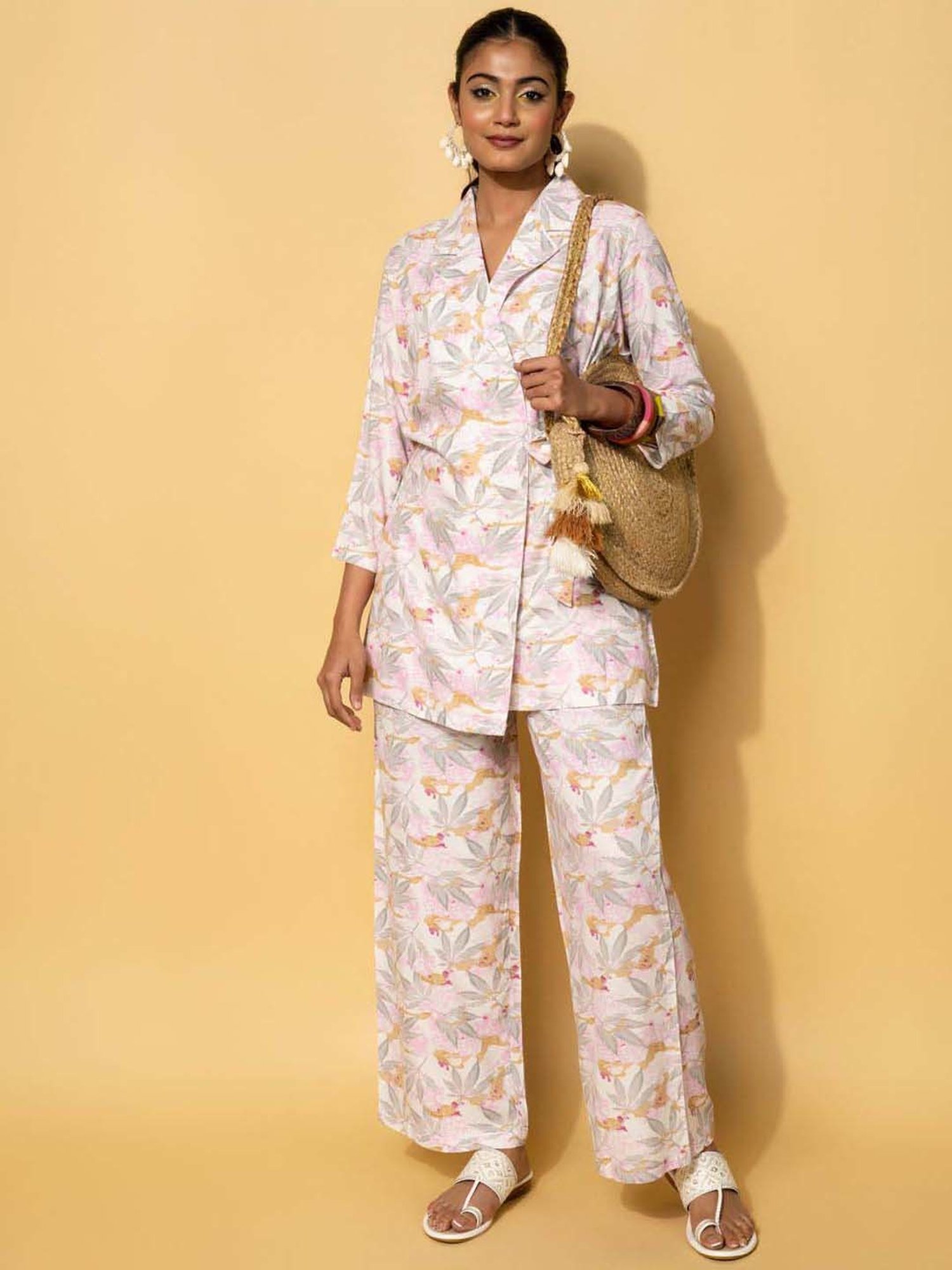 Libas White Printed Silk Blend Co-Ords