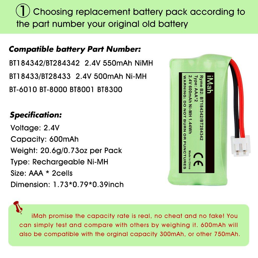 iMah BT184342/BT284342 BT18433/BT28433 Phone Battery Compatible AT&T BT184342 BT18433 BT1011 BT1018 BT1022 BT1031 BT8300 CS6209 CS6219 CS6228 CS6229 Vtech DS6301 CL80109 CS6209 TL90078, Pack of 2
