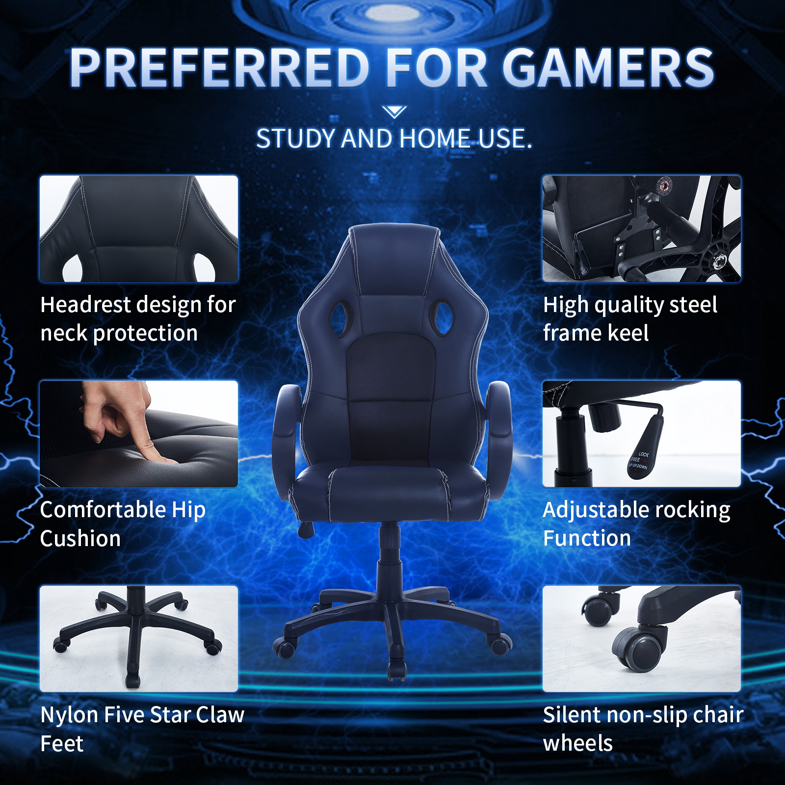 Gaming Chair, Racing Style Computer Desk Chair Padded Armrests Ergonomic Lumbar Support Adjustable Height
