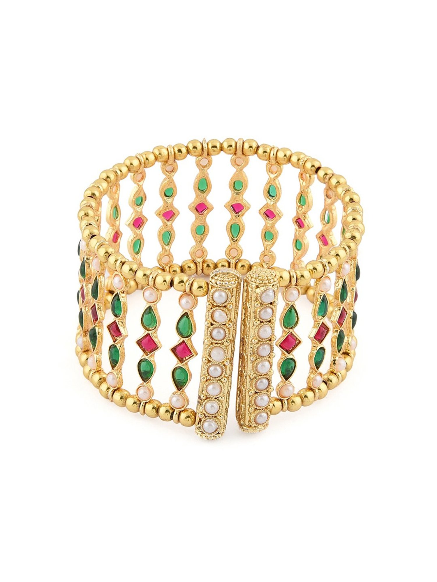 Zaveri Pearls Green & Pink Kundan Embellished Traditional Cuffs Bracelet - ZPFK11437